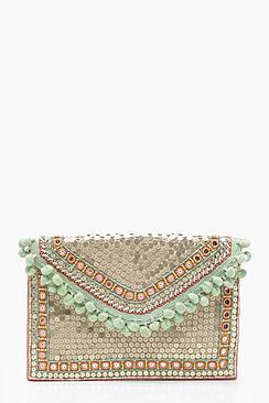 Boohoo Jenna Sequin Pom Occasion Clutch