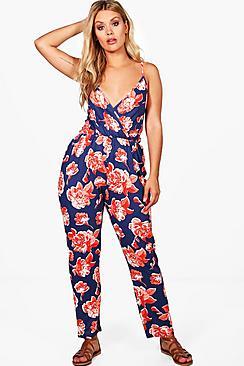Boohoo Plus Laura Floral Strappy Wrap Jumpsuit