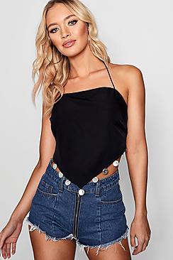 Boohoo Evie Coin Trim Hankerchief Tie Back Cami