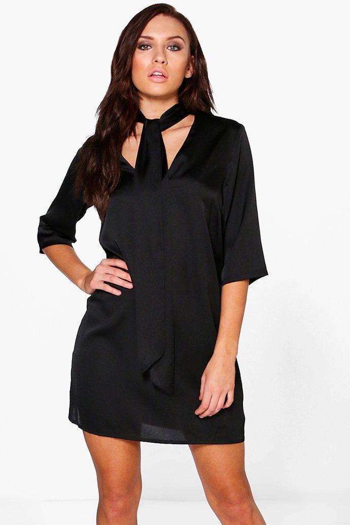 Boohoo Suri Satin Tie Neck Shift Dress Black