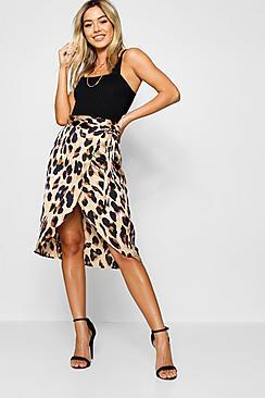 Boohoo Petite Leopard Print Satin Wrap Midi Skirt