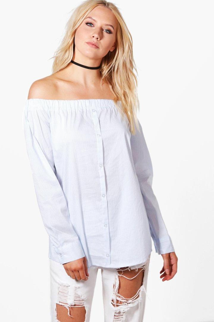 Boohoo Olivia Off The Shoulder Button Front Longline Shirt Blue