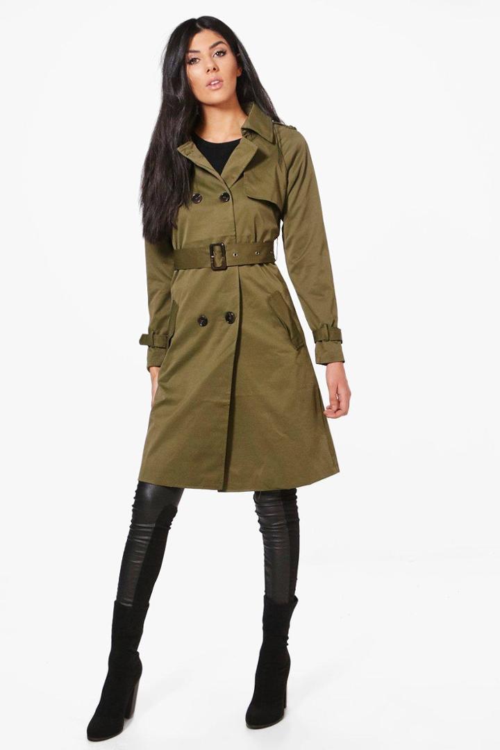 Boohoo Maya Double Breasted Mac Khaki