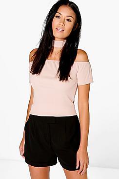 Boohoo Mandy Choker Detail Bandage Off The Shoulder Top