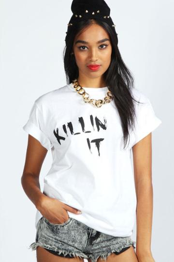 Boohoo Sofia 'killin It' Slogan Oversize Tee - White