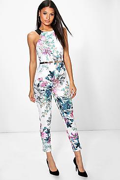 Boohoo Kaley Floral Contrast Neck Skinny Leg Jumpsuit