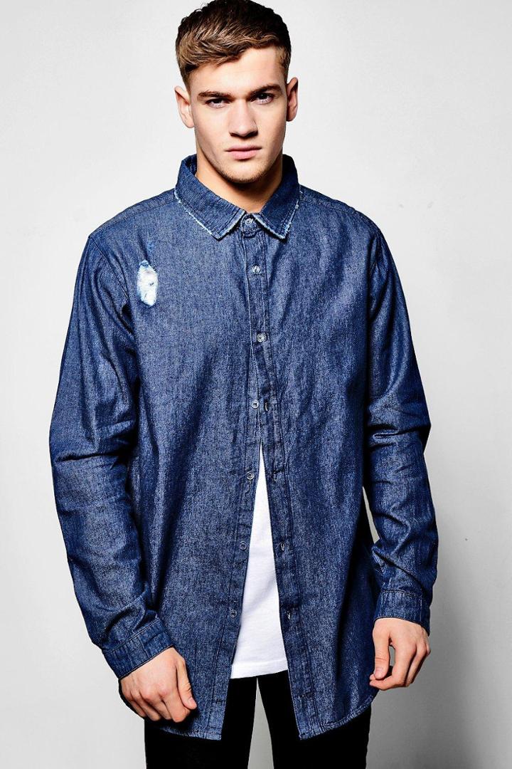 Boohoo Long Sleeve Longline Scoop Hem Denim Shirt Blue