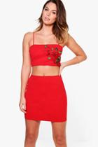 Boohoo Reeva Embroidered Crop & Mini Skirt Co-ord Red