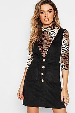 Boohoo Corduroy Mock Horn Button Pinafore Dress