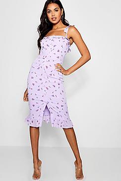 Boohoo Lydia Floral Print Button Through Midi Dress