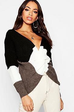 Boohoo Colour Block Front Knot Jumper