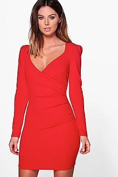 Boohoo Liza Slinky Wrap Long Sleeve Bodycon Dress