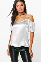 Boohoo Eliza Satin Open Shoulder Blouse Silver