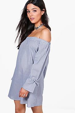 Boohoo Elle Gingham Off The Shoulder Shift Dress