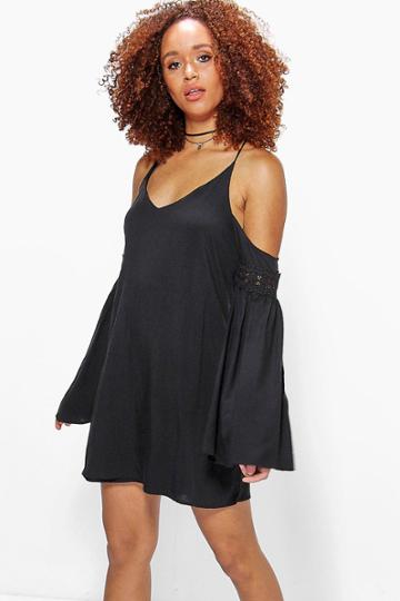 Boohoo Sato Open Shoulder Trim Sleeve Swing Dress Black
