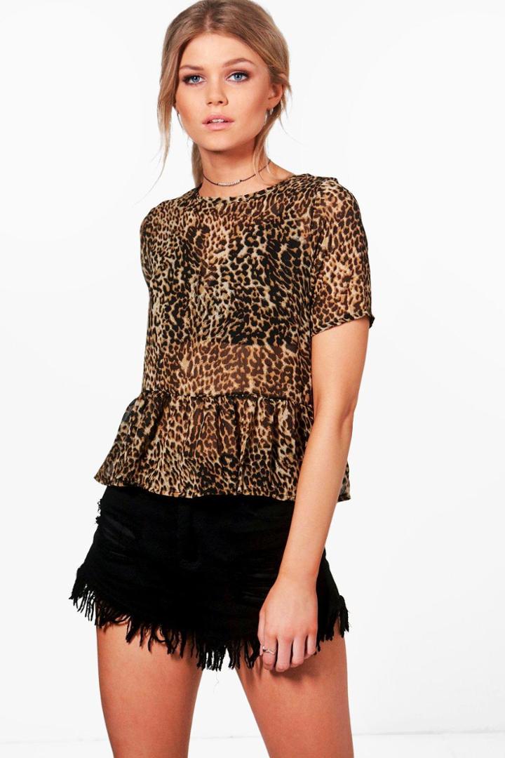 Boohoo Petite Monica Animal Print Frill Hem Top Multi