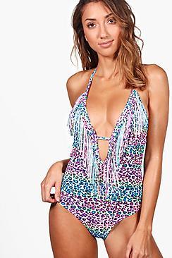 Boohoo Bali Animal Print Fringed Plunge Swimsuit