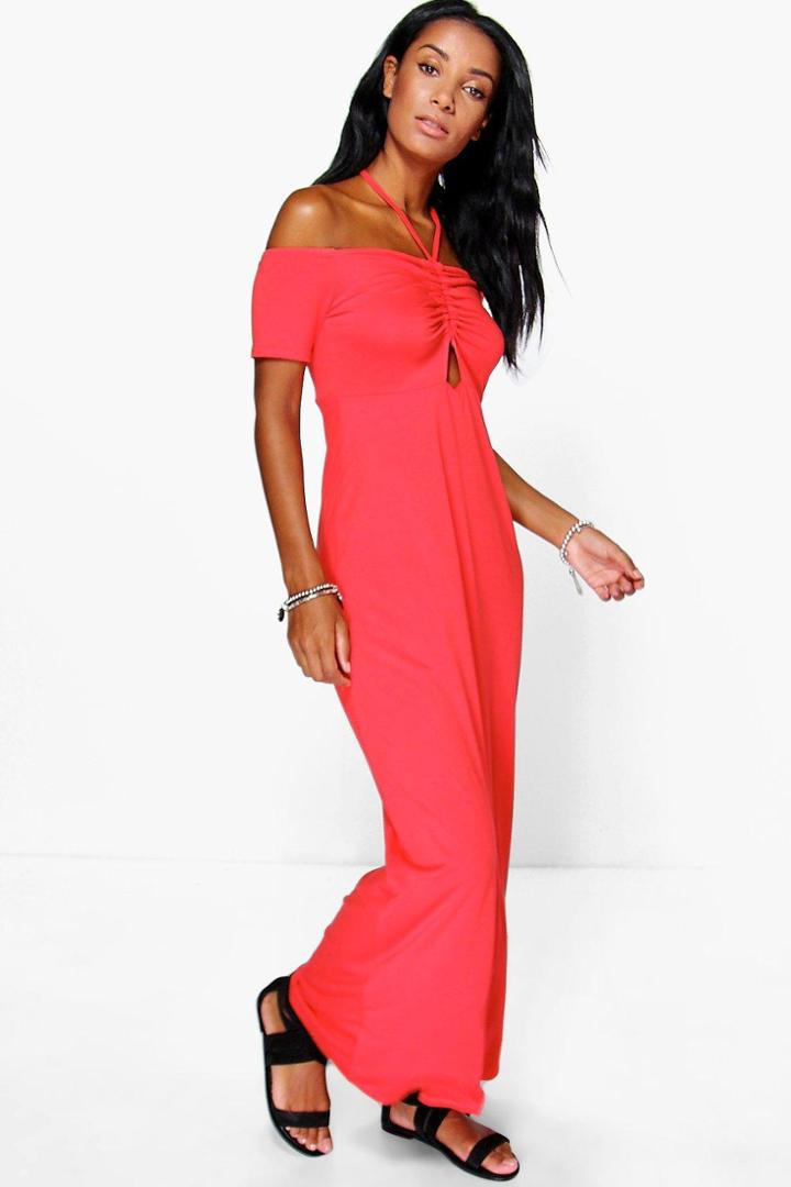 Boohoo Cassandra Halterneck Off Shoulder Maxi Dress Spice