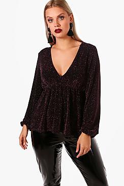 Boohoo Plus Scarlett Metallic Plunge Long Sleeve Top