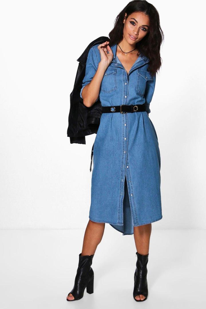 Boohoo Diana Denim Long Shirt Dress Blue