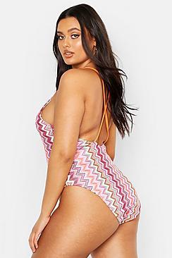 Boohoo Plus Crochet Zig Zag Cross Back Swimsuit