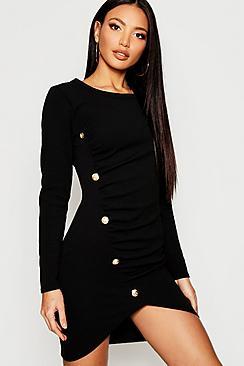 Boohoo Rouched Gold Button Bodycon Dress