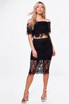 Boohoo Isla Boarder Lace Off The Shoulder Skirt Co-ord Black