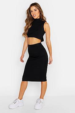 Boohoo Petite High Neck Side Split Midi Skirt Co-ord
