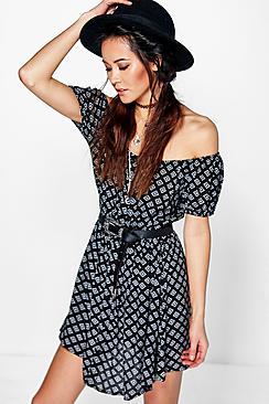 Boohoo Iris Off The Shoulder Skater Dress