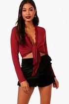 Boohoo Molly Tie Front Lace Trim Long Sleeved Top