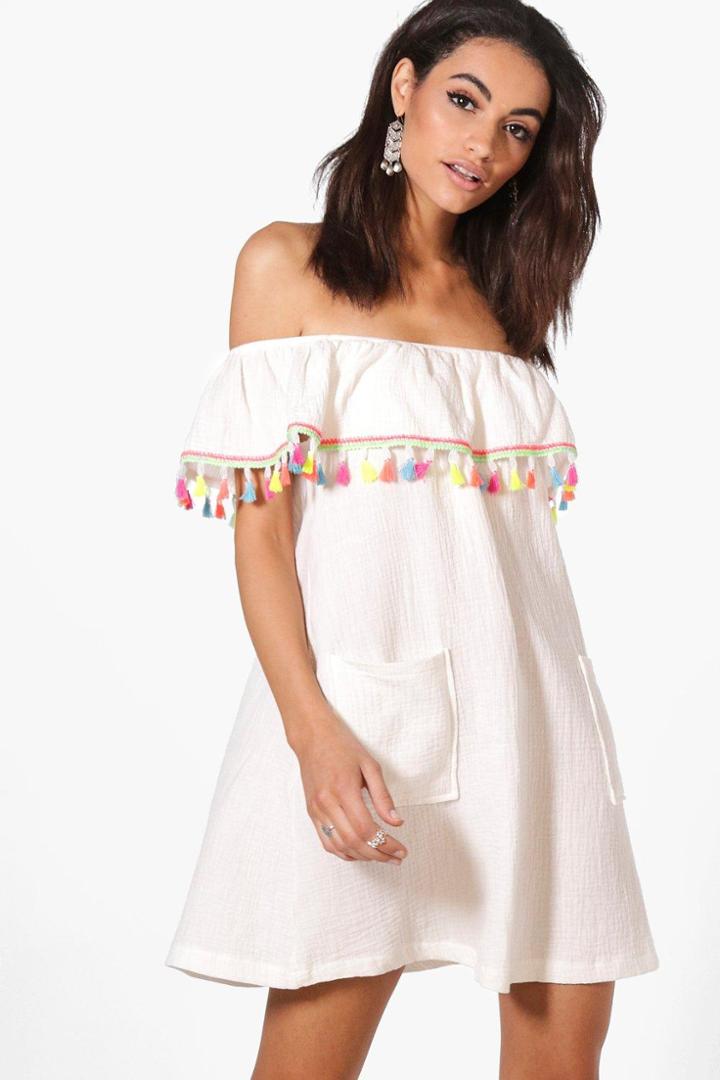 Boohoo Sonya Off Shoulder Tassle Dress White