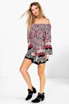 Boohoo Mirablianta Off The Shoulder Paisley Belted Dress Berry
