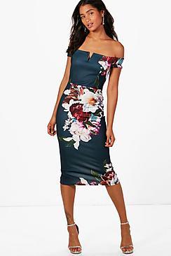 Boohoo Lola Floral Print Off The Shoulder Midi Dress