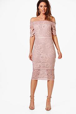 Boohoo Boutique Nikka Off Shoulder Lace Midi Dress