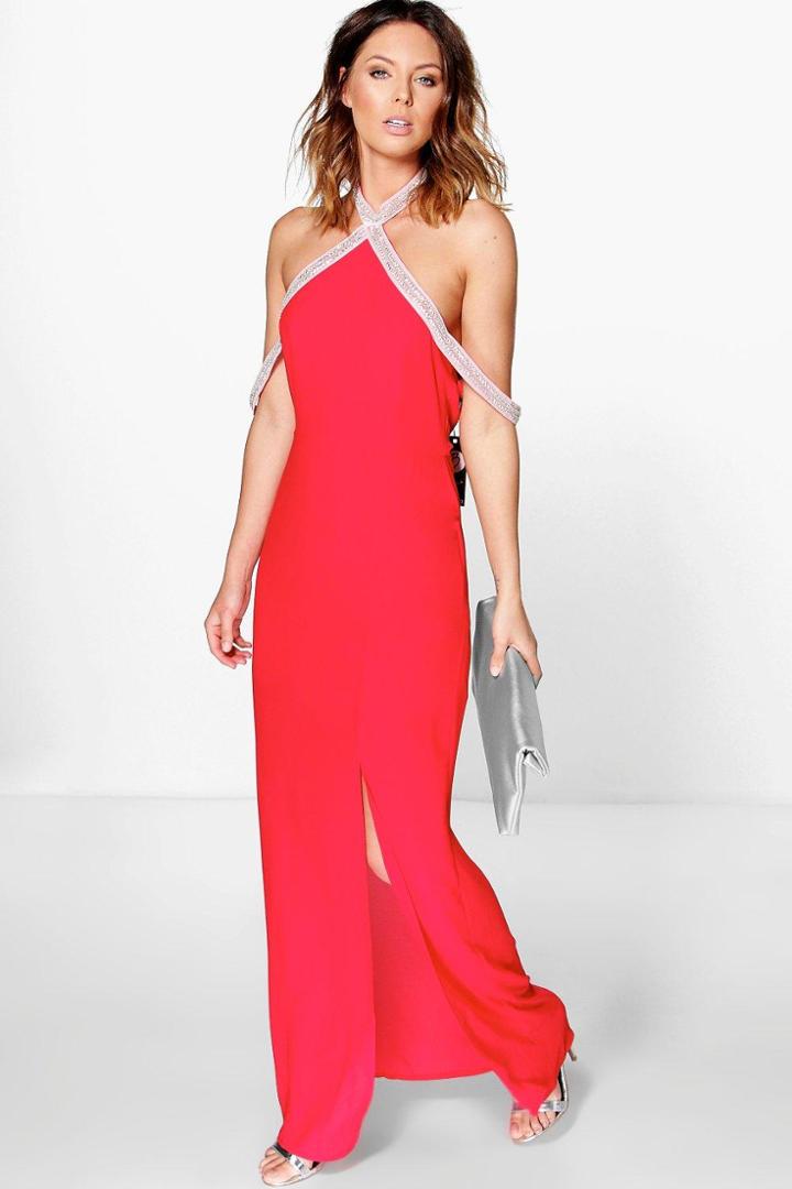 Boohoo Boutique Jade Embellished Halterneck Maxi Dress Red