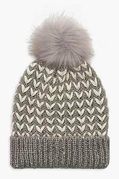 Boohoo Grey & White Cable Faux Fur Pom Beanie
