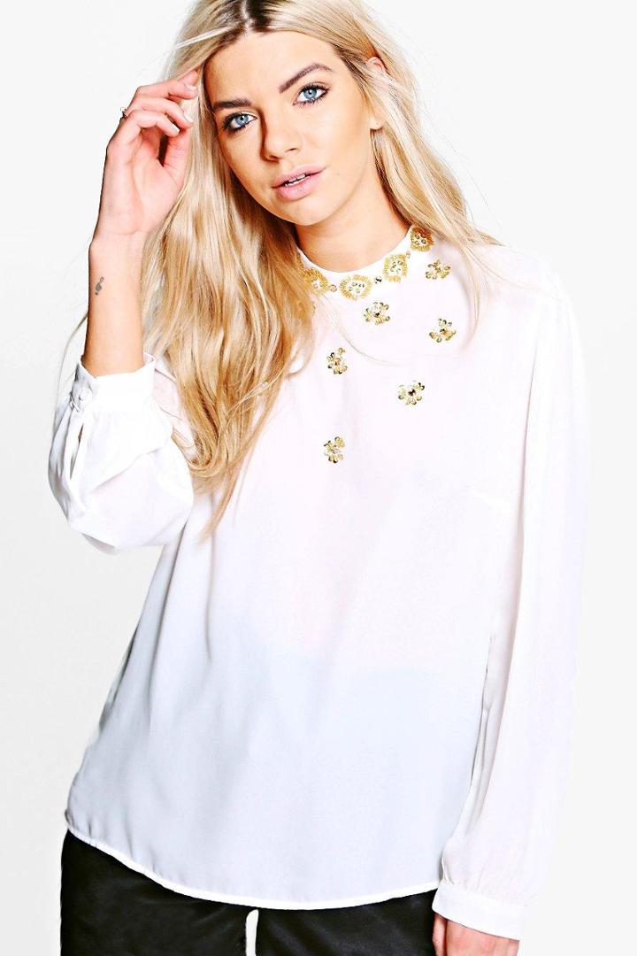 Boohoo Boutique Jessica Embellished Long Sleeve Blouse Ivory