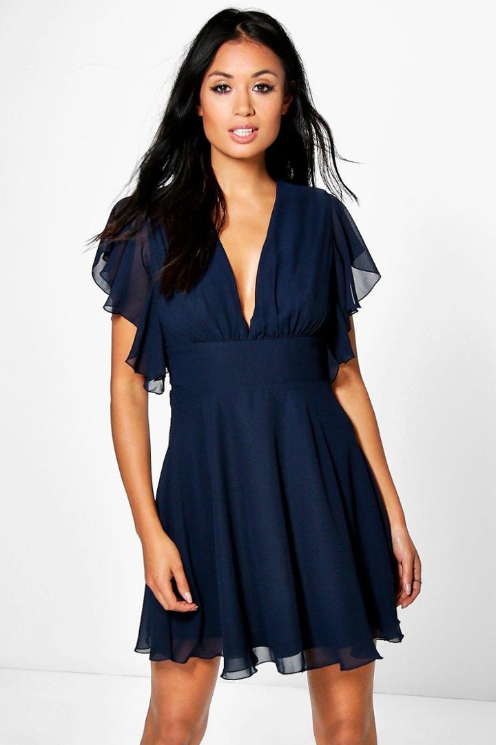 Boohoo Melodie Chiffon Frill Detail Skater Dress Navy