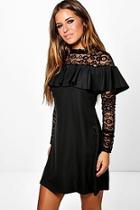 Boohoo Petite Katie Lace Yoke Frill Detail Shift Dress