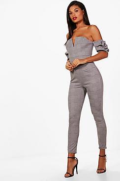 Boohoo Leanne Plunge Bandeau Puff Sleeve Jumpsuit