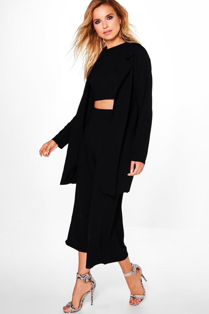 Boohoo Misa 3pc Crop Culotte & L/s Duster Black