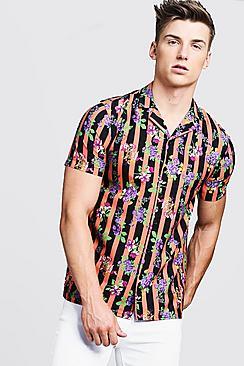 Boohoo Floral Stripe Short Sleeve Shirt