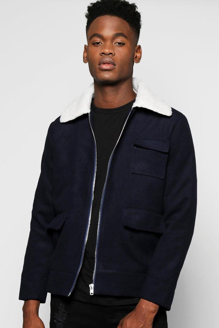 Boohoo Borg Collar Multi Pocket Melton Coach Jacket Navy
