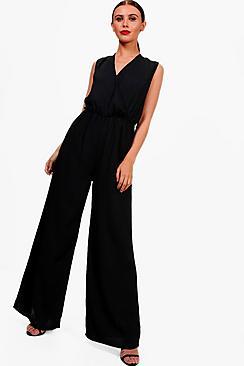 Boohoo Petite Poppy Woven Plunge Neck Drape Jumpsuit