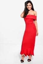 Boohoo Bai Oversized Bardot Peplum Hem Maxi Dress Red