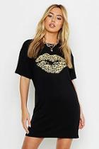 Boohoo Petite Leopard Print Lip T-shirt Dress