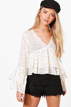 Boohoo Plunge Ruffle Spot Blouse