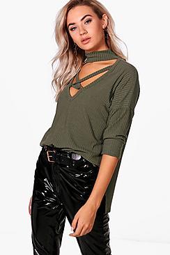 Boohoo Tyla Rib Choker Front Strap Top
