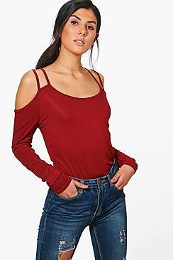 Boohoo Mila Long Sleeve Cold Shoulder Strappy Top
