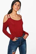 Boohoo Mila Long Sleeve Cold Shoulder Strappy Top